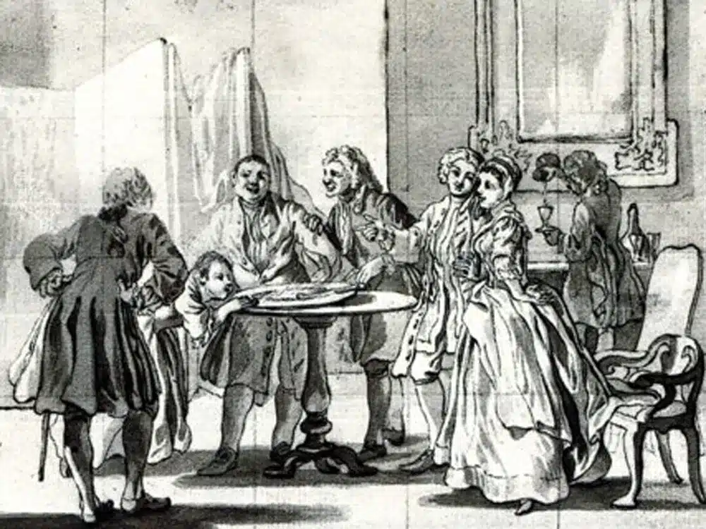 An aged illustration depicting individuals gathered in a room, with a prominent ball of wool in the foreground.