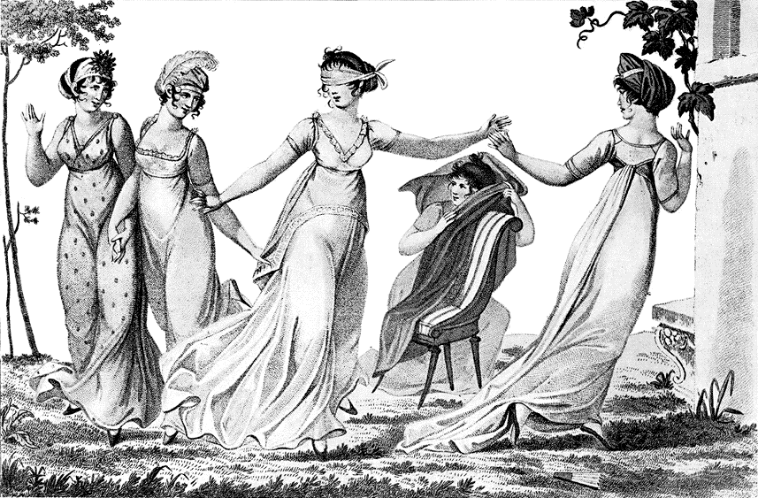 An old illustration of women dancing in a lively manner, playing the game Blindman's Buff
