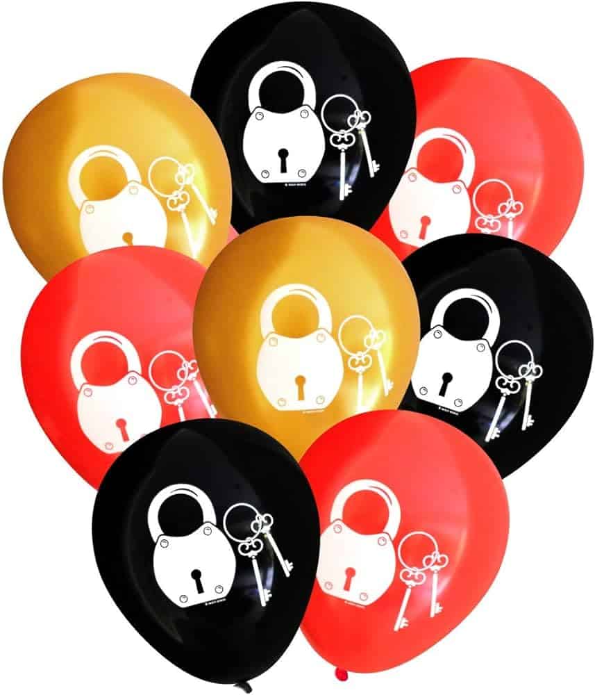 Balloons with a lock and key design, symbolizing "Bluffing with Balloons". Colorful and playful party decorations