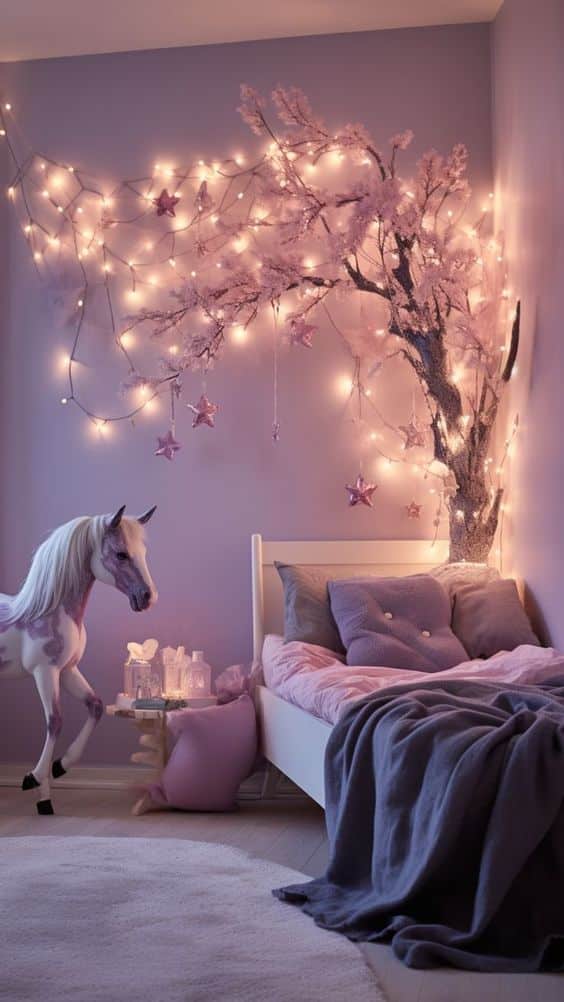 A serene bedroom with a unicorn and a tree