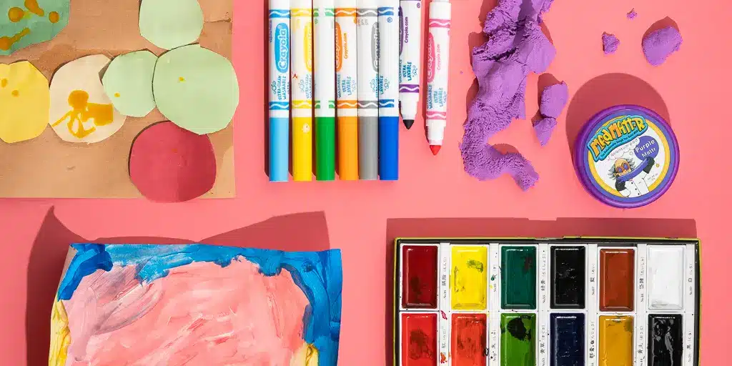 Art supplies in various colors and types arranged on a pink surface at the Crafty Creation Station