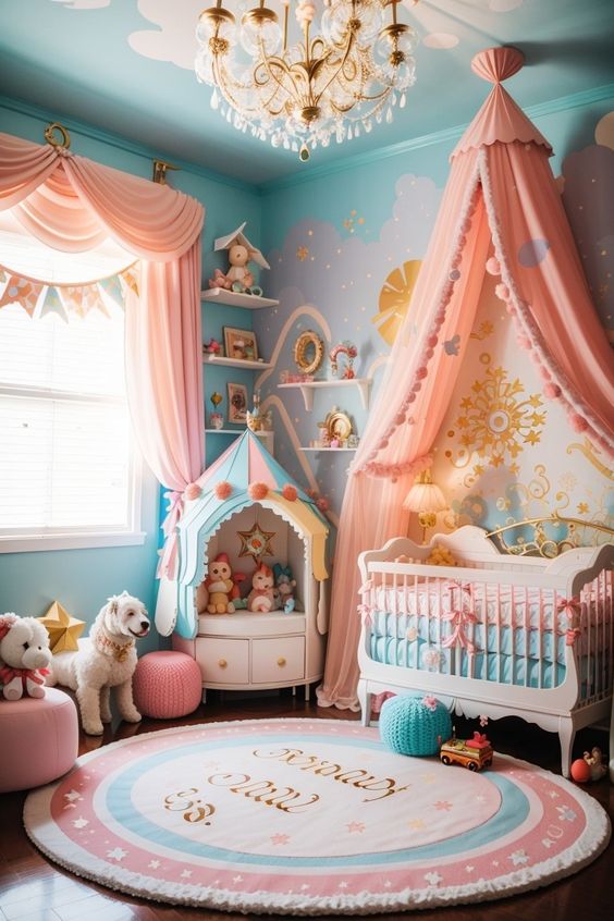 A baby's room with pink and blue decor