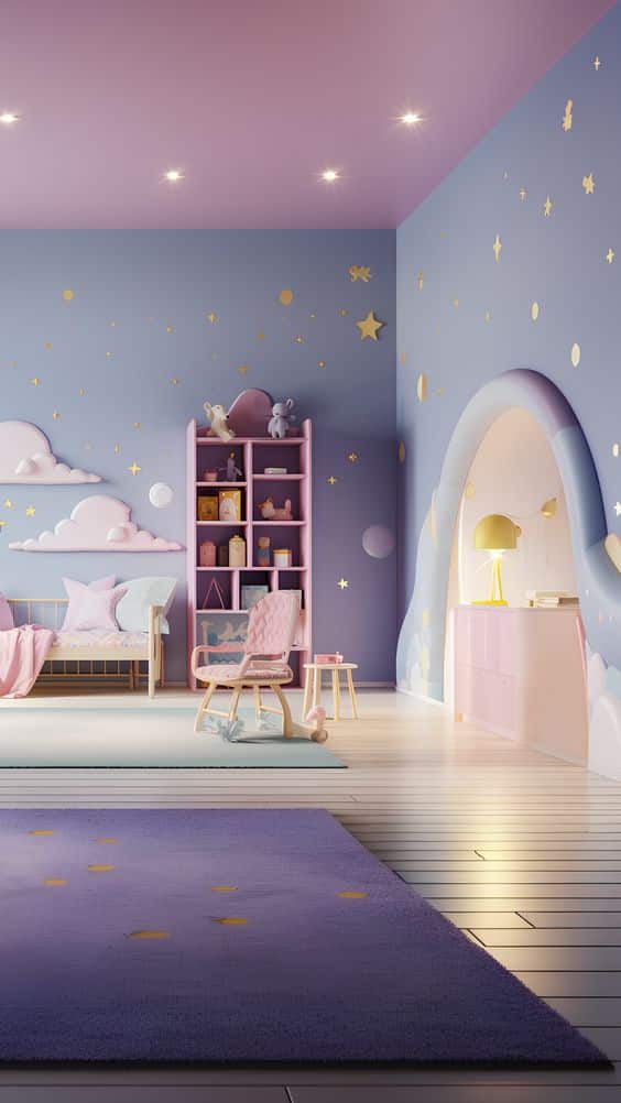 A stylish child's bedroom with a purple and blue theme