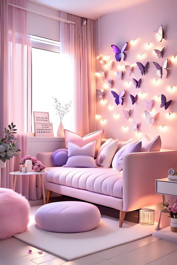 Pink living room with butterfly wall decor