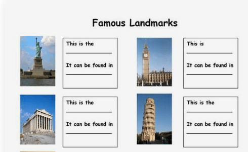 A worksheet featuring famous landmarks for the Landmark Adventure Game for Kids