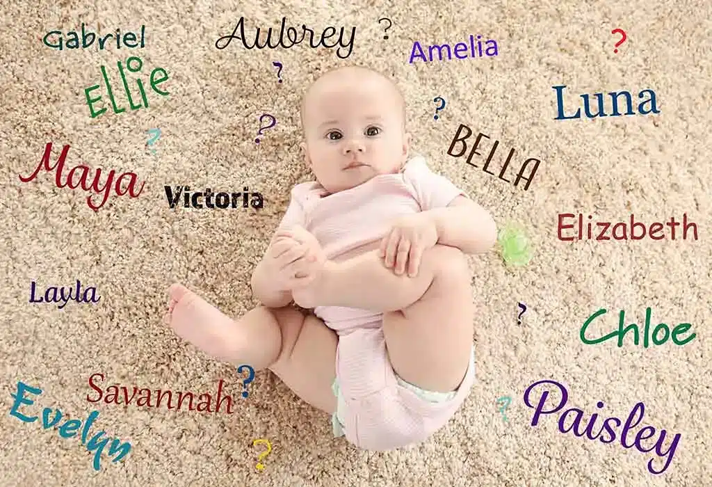 A baby surrounded by names on the floor, representing a list of origins for popular mystical names