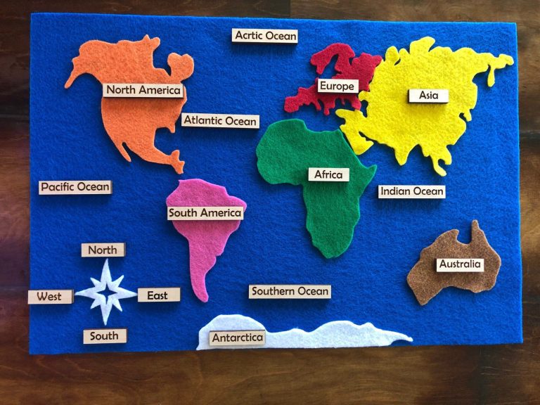 A vibrant felt world map, perfect for engaging kids in learning about continents and oceans in a fun way