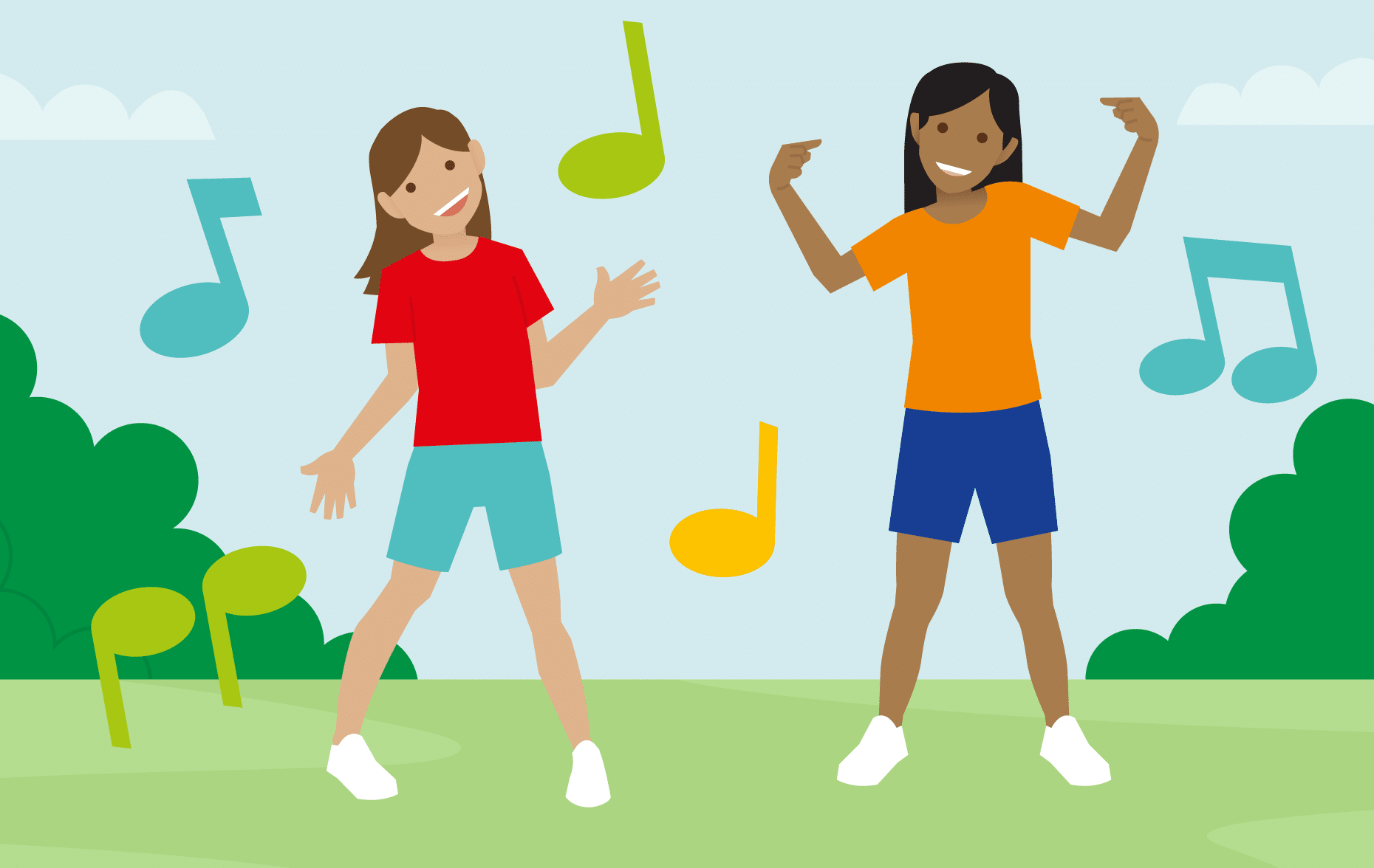Two girls joyfully dancing to music notes in a game of Musical Statues