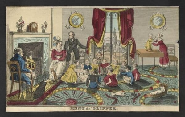 An old print of a family in a room with children, titled 'Passing the Slipper