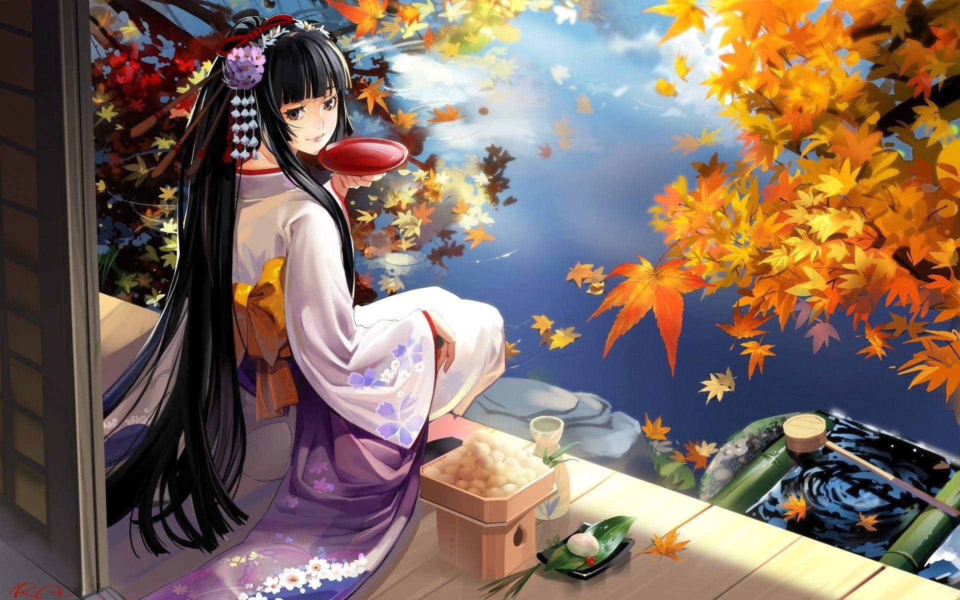Anime girl sitting on a porch surrounded by autumn leaves, showcasing the beauty of the season