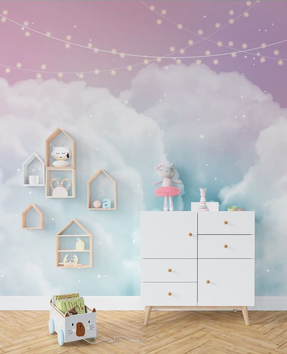 Children's room with cloud and star wall mural