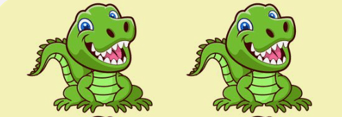Spot the Difference: Find the discrepancies between two pictures of a green dinosaur in a kids' mystery game.