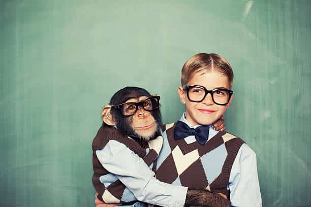 A boy with glasses and a bow-tied monkey