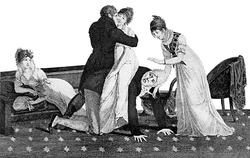 Engraving of a man and woman in a Victorian parlor, enjoying parlor games