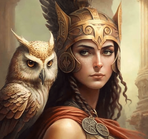 A woman wearing a helmet with an owl, symbolizing wisdom and protection. Origins of popular mystical names explored