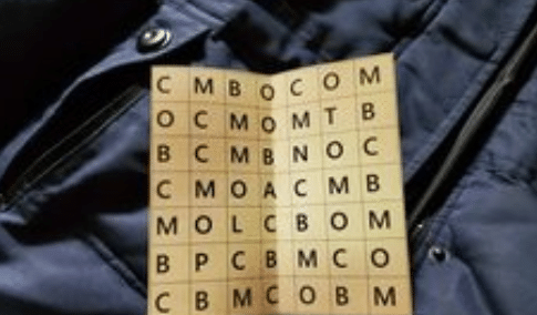 A man's jacket with a card displaying words. The card reads 'Word Treasure Hunt