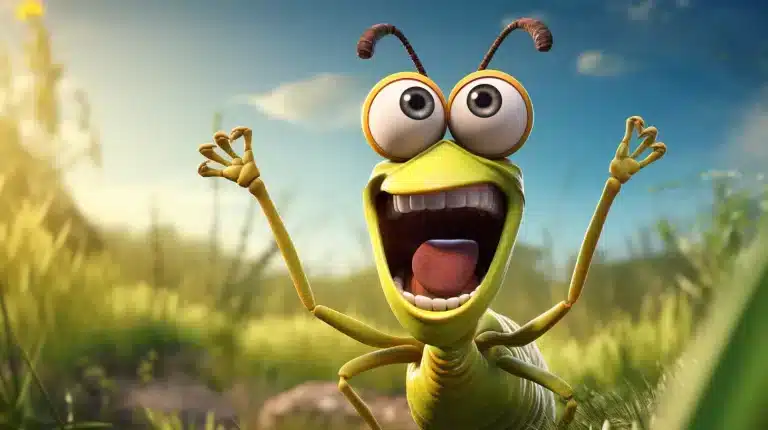 A comical insect with large eyes and a wide mouth, perfect for bug jokes that will entertain kids