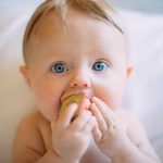 A baby with blue eyes enjoying a cookie. Eye color in newborns can be influenced by environmental factors and pregnancy health