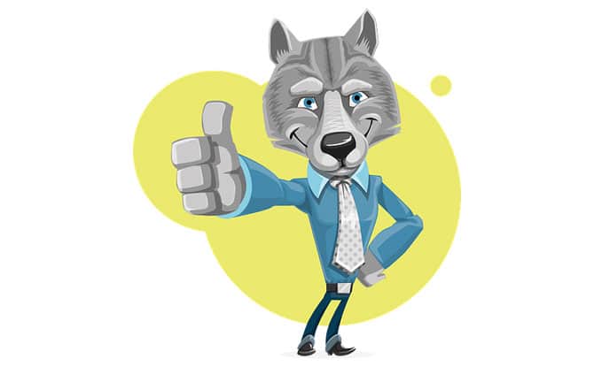 A cartoon wolf in a suit and tie, giving a thumbs up. Perfect for Funny Wolf Jokes for Kids
