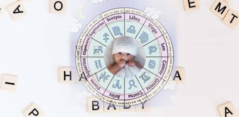 A baby sitting amidst letters and a clock, symbolizing the influence of astrology in baby naming