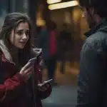 A couple engrossed in their phones while standing on the street