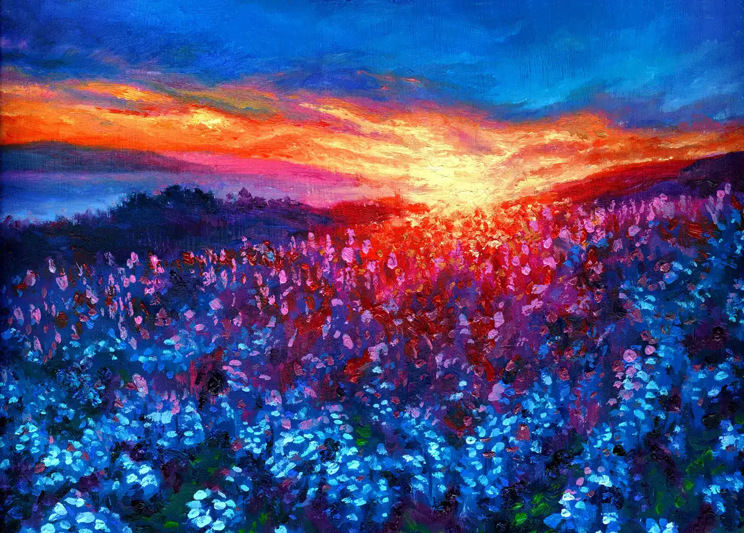 Blue lupine sunset by Julie McCormick - a vibrant oil painting capturing the beauty of a sunset with blue lupine flowers in the foreground