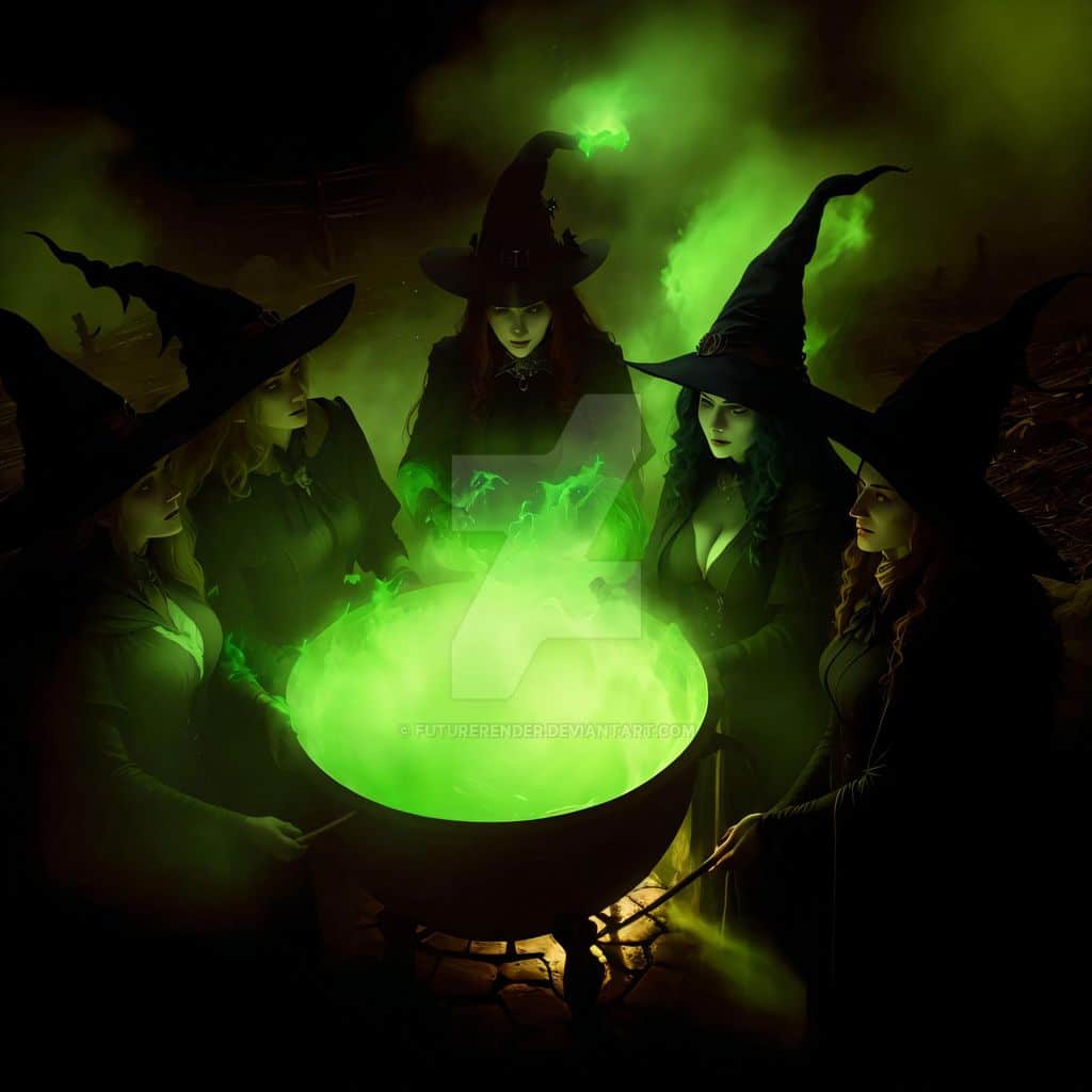 five witches doing witch magic