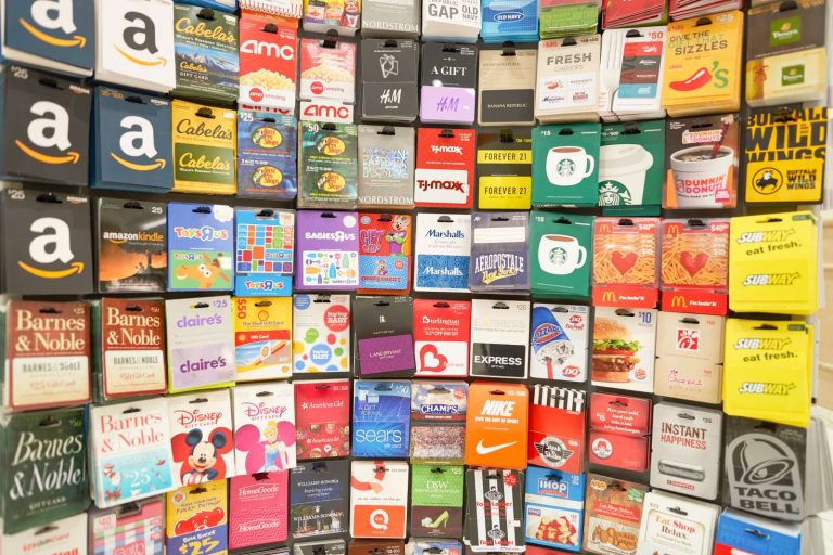 A store display showcasing a wall of gift cards, offering a variety of options for every occasion