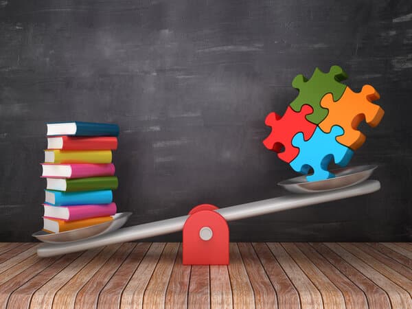 Seesaw Scale with Books and Puzzle on Chalkboard Background - 3D Rendering