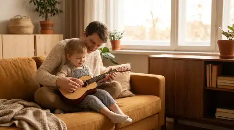 Father and child playing guitar on cozy sofa in sunlit living room