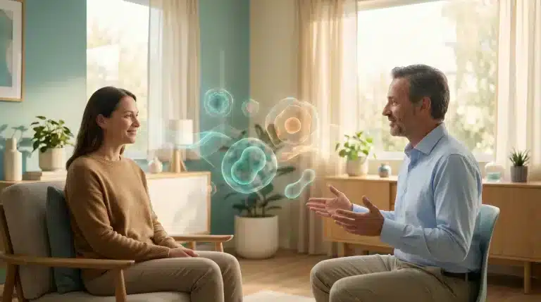 Two people discussing holographic cell projections in a sunlit modern living room