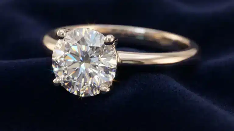 Diamond solitaire ring on a rich blue velvet fabric with soft lighting