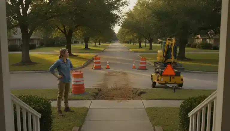 Woman standing near construction site with traffic cones and excavator on suburban street