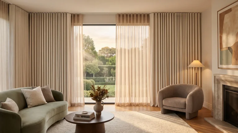 Elegant living room with green sofa, textured armchair, large windows with sheer curtains, warm lighting