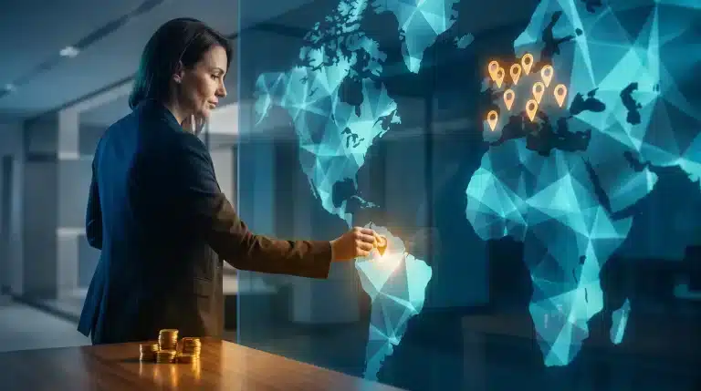 Woman in business attire interacting with digital world map in modern office setting